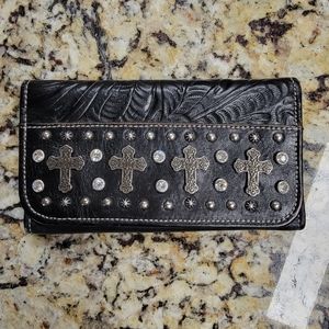 American West black leather tri fold large wallet with crosses and bling